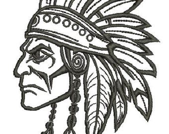 May include: Black and white line art illustration of a Native American man wearing a headdress with feathers. The man is looking to the side and has a serious expression on his face.