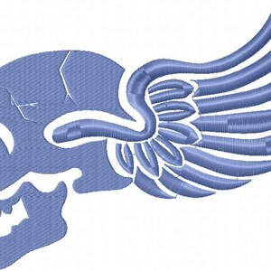 May include: A light blue embroidered design featuring a skull with a wing. The skull has cracks and sharp teeth. The wing is detailed with multiple feathers. This design is suitable for patches, apparel, or accessories.