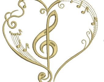Diseños de bordado a máquina de música con clave de sol y notas de corazón, descarga instantánea