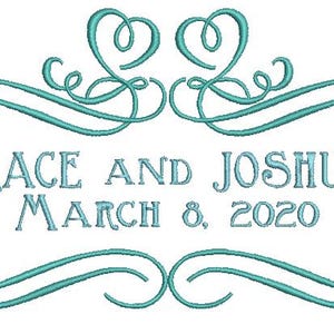 May include: A teal blue decorative design with two hearts at the top and two swirls at the bottom. The text "GRACE AND JOSHUA MARCH 8, 2020" is centered below the design.
