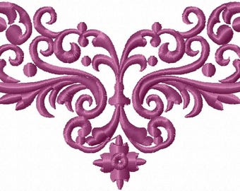 May include: A detailed, embroidered design in a deep magenta hue. The symmetrical pattern features swirling lines, floral elements, and small circular accents, creating an ornate, decorative motif. Ideal for fabric embellishment.