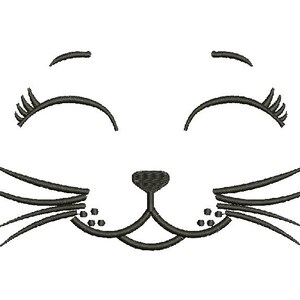 Puede incluir: Un dibujo en blanco y negro de la cara de un gato con los ojos cerrados y una sonrisa. El gato tiene bigotes y una pequeña nariz.