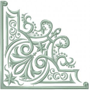 May include: A decorative corner design with intricate swirls and floral motifs in a light green color.