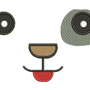 May include: Embroidered design of a cartoon animal face with two black and white eyes, a tan nose, and a red tongue sticking out. The design is on a white background.