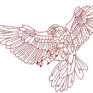 May include: A red line drawing of an eagle in flight, wings spread wide. The eagle is depicted with detailed feathers and sharp talons, set against a white background. The bird's beak is open, suggesting a call or cry.