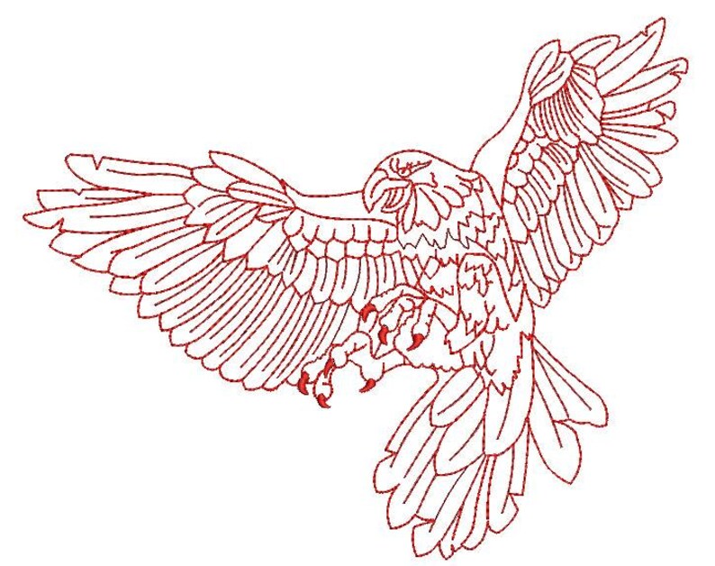 May include: A red line drawing of an eagle in flight, wings spread wide. The eagle is depicted with detailed feathers and sharp talons, set against a white background. The bird's beak is open, suggesting a call or cry.