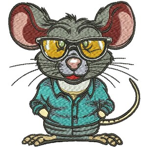 May include: Embroidered image of a cartoon mouse wearing sunglasses and a teal button-down shirt. The mouse has gray fur, large pink ears, and a long tail. The sunglasses have yellow lenses. The mouse is smiling.