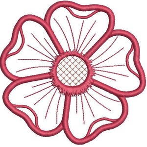 Op de afbeelding: Een roze bloem met vijf bloemblaadjes en een midden met een rasterpatroon.