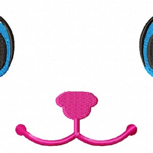 May include: Embroidered cartoon animal face with large blue eyes, black eyelashes, and a pink nose and mouth. The design is on a white background, suitable for various craft projects.