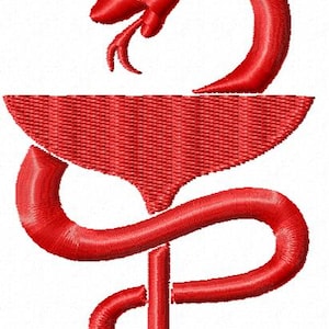 May include: A red snake wrapped around a red cup, a symbol of medicine and pharmacy.