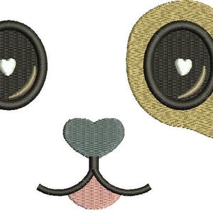 May include: Embroidered panda face design with two black-rimmed eyes, each with a white heart-shaped pupil. The nose is a grey heart shape, and the mouth is a pink and black design. The design is on a white background.