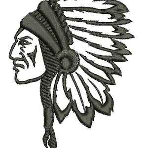 May include: A detailed, embroidered design of a Native American chief in profile, rendered in shades of gray. The image features a headdress with feathers and intricate facial details, set against a white background. The artwork showcases a traditional cultural theme.
