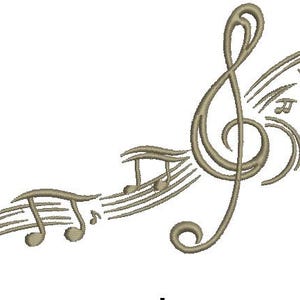 May include: A stylized illustration of a treble clef and musical notes in a flowing design. The image is in shades of brown.