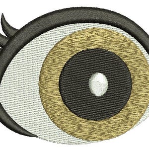 May include: A cartoon eye with a black pupil, a brown iris, and a white sclera. The eye is surrounded by a black outline and has a few eyelashes.