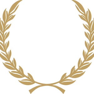 Puede incluir: Una corona de laurel dorada, símbolo de victoria y logro, sobre un fondo blanco. La corona está compuesta por hojas estilizadas dispuestas en forma circular, con los tallos cruzados en la base.