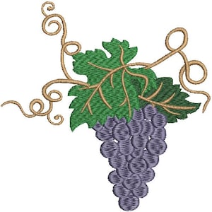 May include: Embroidered design of a bunch of purple grapes, green leaves, and brown vines. The grapes are a deep purple color, and the leaves are a vibrant green. The vines have a curly, twisting shape.