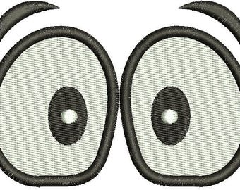May include: Embroidered design of two cartoon eyes with black outlines and eyebrows. The eyes have a light gray textured fill and black oval pupils with white highlights. The design is likely for a patch or applique.