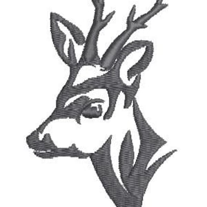 May include: A detailed, gray embroidered design of a deer's head, featuring intricate lines and a stylized appearance. The deer's antlers are prominent, and the overall design is set against a white background.