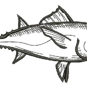 May include: A black and white line drawing of a tuna fish with its mouth open. The fish is drawn in a simple, stylised manner, with emphasis on the shape of the body and fins.