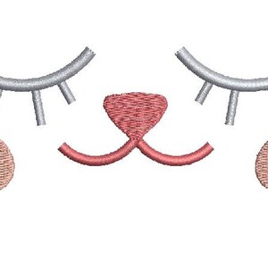 May include: An embroidered design featuring a stylized cat face. The design includes two curved silver eyelashes, a pink nose, two pink cheeks, and a curved pink mouth. The design is on a white background.