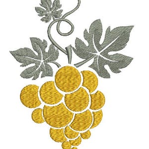 May include: Embroidered design of a bunch of yellow grapes with green leaves and a curling vine. The grapes are made of small, textured circles. The leaves and vine are a muted green color, creating a contrast with the yellow grapes.