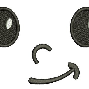 May include: An embroidered design of a cartoon face with two black oval eyes, each with a white highlight, a curved nose, and a smiling mouth. The design is on a white background.