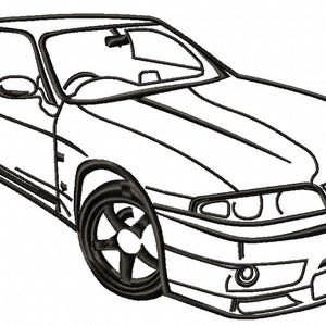 May include: Black and white line drawing of a sports car. The car has a spoiler, detailed wheels, and a sleek, aerodynamic design. The image is a stylized illustration of a coupe.