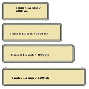 May include: Four rectangular labels with text indicating dimensions and stitch counts. The labels are beige with a gray border. The dimensions are 4 x 1.5 inches, 5 x 1.5 inches, 6 x 1.5 inches, and 7 x 1.5 inches.