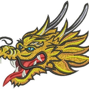 May include: Embroidered dragon head in gold, yellow, and black. The dragon has blue eyes, white teeth, and a red tongue. The design features detailed stitching and a stylized appearance, suitable for apparel or decorative projects.