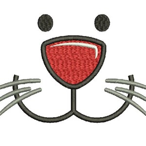 May include: An embroidered design featuring a cartoon animal face. The design includes two black circles for eyes, a red nose outlined in black, and gray whiskers. The design is on a white background.