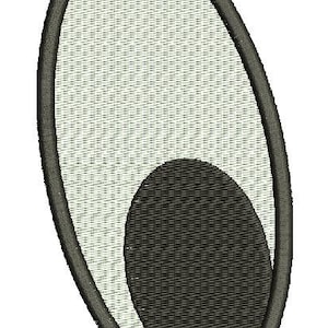 May include: A white oval with a black circle in the center. The oval has a black outline. This is a cartoon eye.