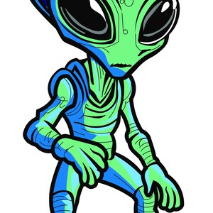 May include: Cartoon illustration of an alien in a seated pose. The alien has a green head with large black eyes and a blue and green body. The alien is wearing a blue suit with green accents and green shoes.