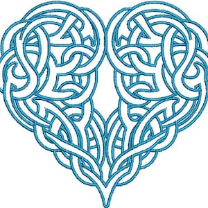 Peut inclure: Un motif de nœud celtique bleu en forme de cœur. Le motif complexe est composé de lignes et de courbes qui se chevauchent.