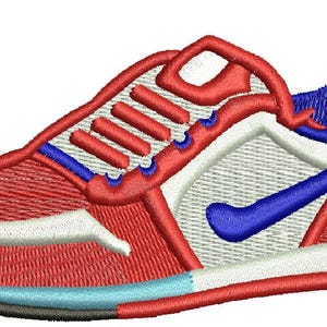 May include: Embroidered red and white sneaker with blue accents. The shoe features a blue swoosh, a white midsole, and a red upper with detailed stitching. The design is a stylized representation of a popular athletic shoe.
