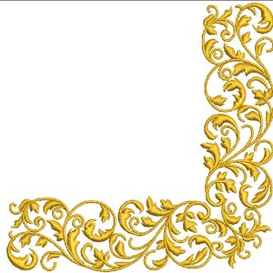 May include: Gold embroidered corner design with intricate floral and leaf patterns. This decorative element is ideal for enhancing crafts and projects. The corner design is a classic and elegant embellishment, suitable for various applications.