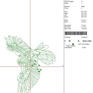 May include: A detailed line drawing of an eagle in flight, rendered in dark green. The image includes technical details such as stitch count, color information, and measurements in millimeters and inches, typical of embroidery design software.