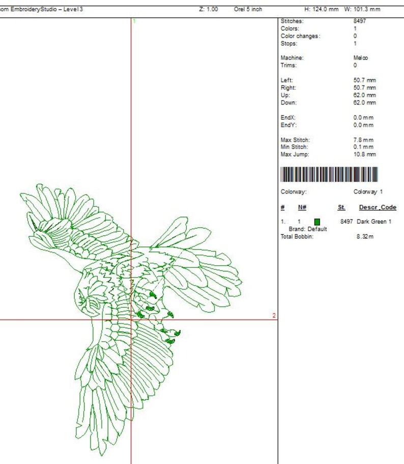 May include: A detailed line drawing of an eagle in flight, rendered in dark green. The image includes technical details such as stitch count, color information, and measurements in millimeters and inches, typical of embroidery design software.