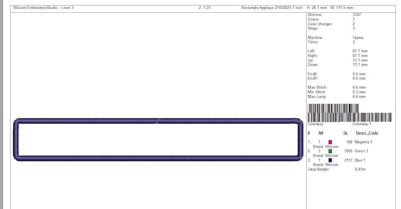 Op de afbeelding: Een paars rechthoekig applicatie-borduurmotief met een witte binnenkant. Het ontwerp is 2,123 inch hoog en 17,55 mm breed. Het ontwerp gebruikt 3.307 steken, 3 kleurveranderingen en 2 stops. Het ontwerp is voor een Tajima-machine en gebruikt 3 draden. Het ontwerp is 87,7 mm breed en 13,1 mm hoog. Het ontwerp gebruikt 6,87 meter garen.
