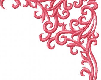 May include: A corner embroidery design in a vibrant coral color. The design features intricate swirls, curls, and leaf-like shapes, creating a decorative floral pattern. The embroidery is detailed and appears to be machine-stitched on a white background.