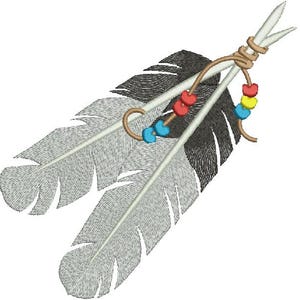 May include: Embroidered design of two grey and black feathers tied with a tan cord. The feathers are decorated with red, blue, and yellow beads. The design is set against a white background.