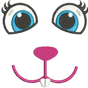 May include: Embroidered design featuring two blue eyes with black eyelashes and a pink nose and mouth. The design includes a white tooth. Suitable for craft projects.