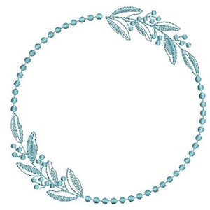 May include: A circular embroidery design with a light blue beaded border. The design features light blue leaves and berry clusters, arranged in a wreath-like pattern. The design is on a white background.