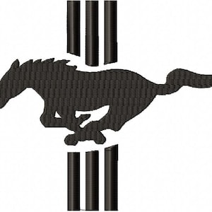May include: Black and white silhouette of a running horse with three vertical stripes behind it.