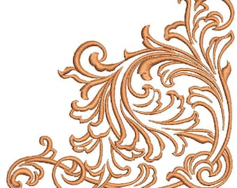 May include: A corner design featuring an ornate, swirling pattern in a warm, golden-brown color. The embroidery-style design has a classic, vintage aesthetic, with detailed leaves and curls, suitable for various craft projects.