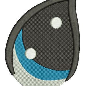 May include: Embroidered patch in a teardrop shape, featuring a textured dark gray background with two white circles. A curved section of light blue and white adds contrast. The patch is outlined in dark gray.