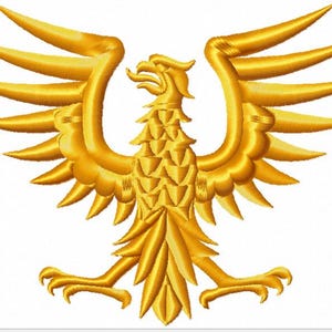 May include: Embroidered golden eagle with outstretched wings, a symbol of strength and power. The eagle's detailed feathers and sharp talons are visible. The design is likely for apparel or decorative purposes.
