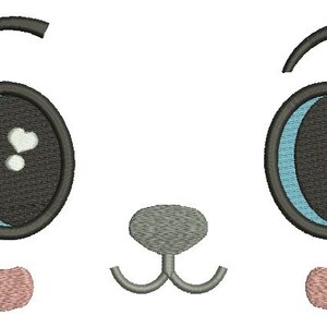 May include: An embroidered design of a cartoon animal face. The face features two large, dark gray eyes with light blue accents and white heart-shaped highlights. Above each eye is a curved black eyebrow. Below the eyes is a gray nose and two pink cheeks.
