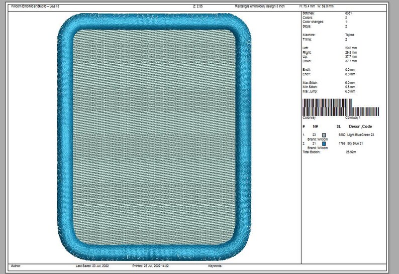 Puede incluir: Un dise&ntilde;o de bordado rectangular con esquinas redondeadas, un borde azul claro y un centro texturizado gris claro. Se muestran detalles t&eacute;cnicos, incluyendo dimensiones y c&oacute;digos de color.