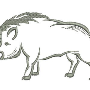 May include: An embroidered design of a wild boar in shades of gray. The boar is depicted in profile, with detailed stitching outlining its features, including tusks, a bristly mane, and a curled tail. The design is suitable for apparel or home decor.