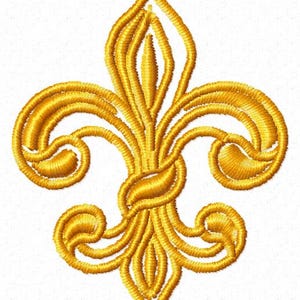 May include: Embroidered gold fleur-de-lis design. The symmetrical emblem features a stylized lily with three petals, a central vertical element, and curved side elements. The design is on a white background.